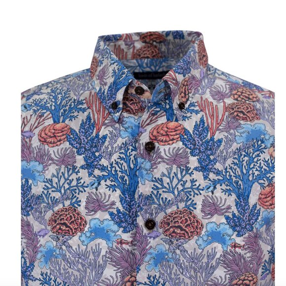 Lords Of Harlech Morris Sea Coral Garden Shirt In Pumice Blue/Orange Size Medium - Picture 2 of 11